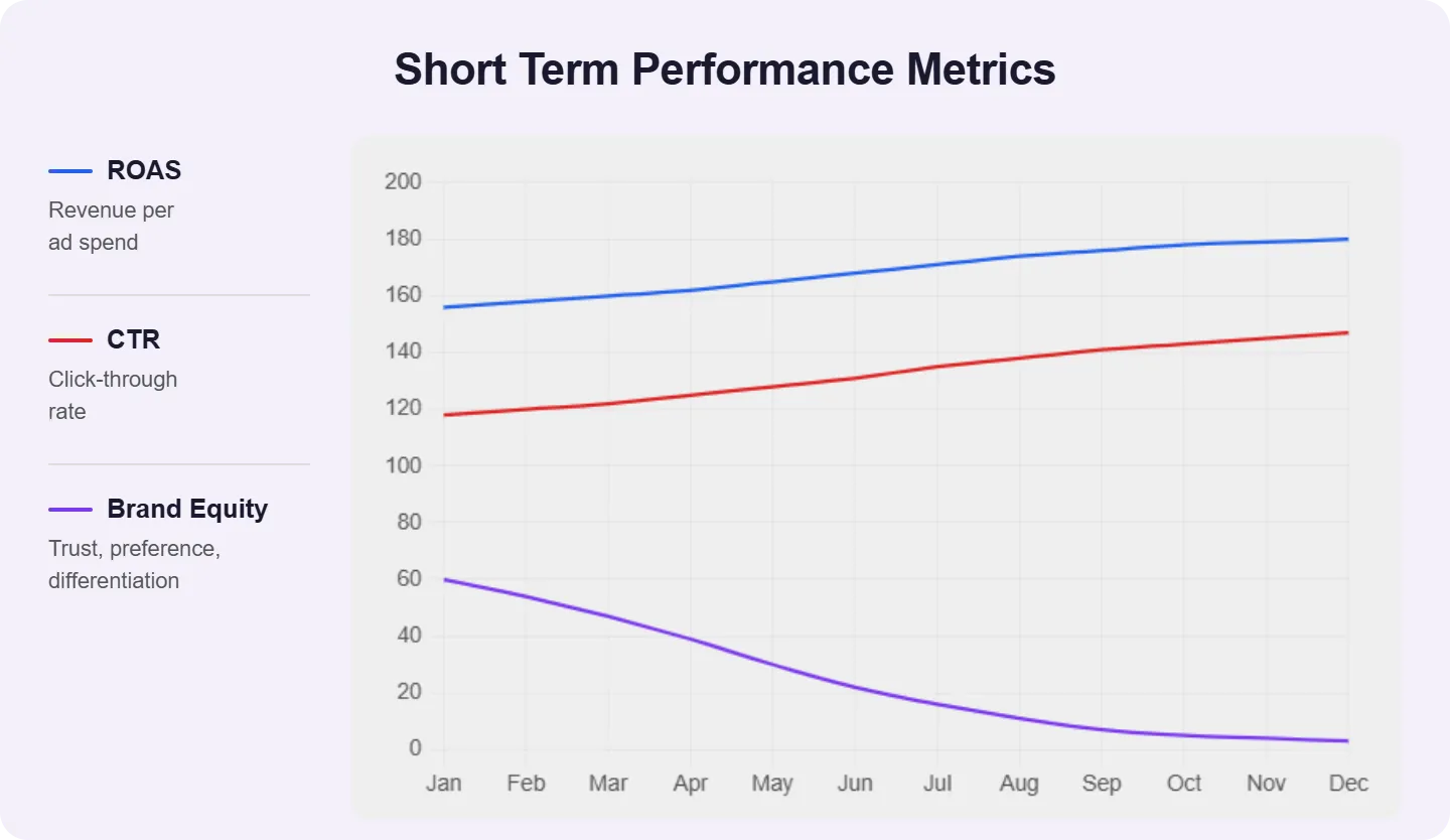 Line chart showing monthly trends where ROAS and CTR steadily increase over time, while brand equity declines, illustrating a trade-off between short-term performance gains and long-term brand value.