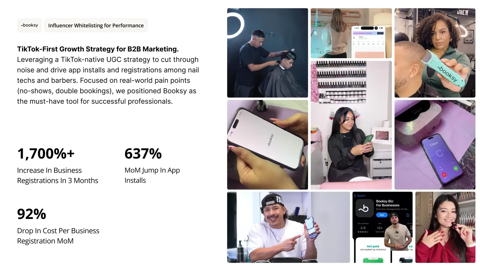 Case study visual showing Booksy’s TikTok-first UGC strategy for B2B growth, featuring app usage, barber and nail tech content, and results including 1700% increase in registrations and 92% lower cost per acquisition.