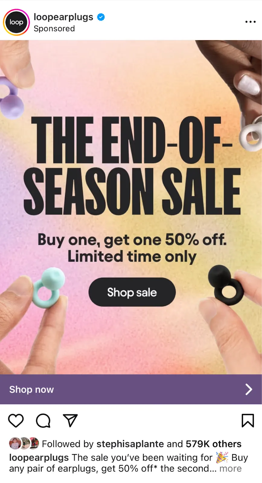 Instagram sponsored ad from Loop Earplugs promoting an end-of-season sale with a “buy one, get one 50% off” offer, using bold typography, pastel gradients, and product-focused visual design optimized for paid social campaigns.