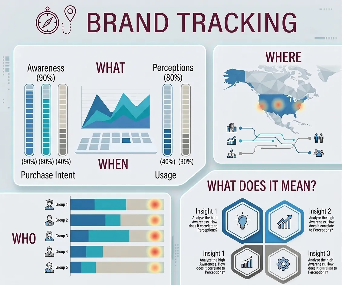 An infographic-style brand tracking dashboard showing awareness, purchase intent, perceptions, and usage metrics across different audience groups and regions. The layout includes charts, geographic heat maps, segmented customer data, and insight panels designed to visualize brand performance and consumer behavior trends.