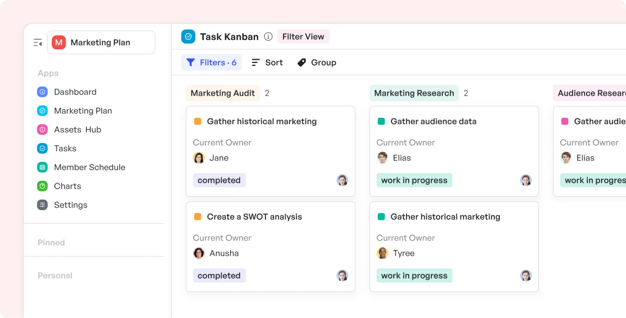 Kanban-style marketing project management board displaying task categories such as marketing audit, marketing research, and audience research, with assigned team members, task statuses, filters, and workflow tracking within a marketing planning workspace.
