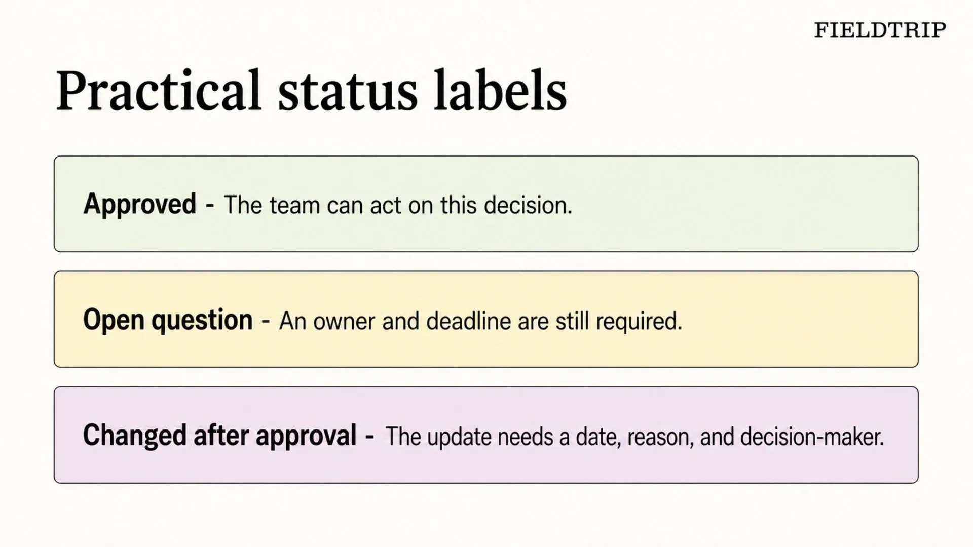 Creative brief status labels for approvals, questions, and changes.