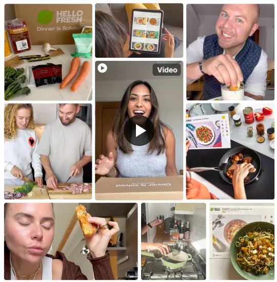 Grid of HelloFresh creator content from a multi-country campaign, showing creators unboxing meal kits and cooking the recipes at home.