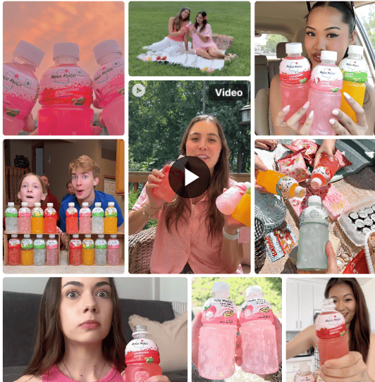 Grid of Mogu Mogu creator content showing creators holding, opening and reviewing the brand's fruit drink bottles.