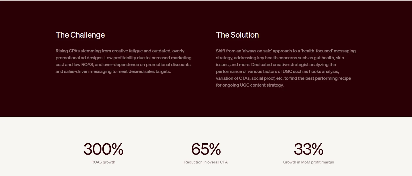 A screenshot of the Challenge, Solution, and results section of inBeat's Hurom case study page.