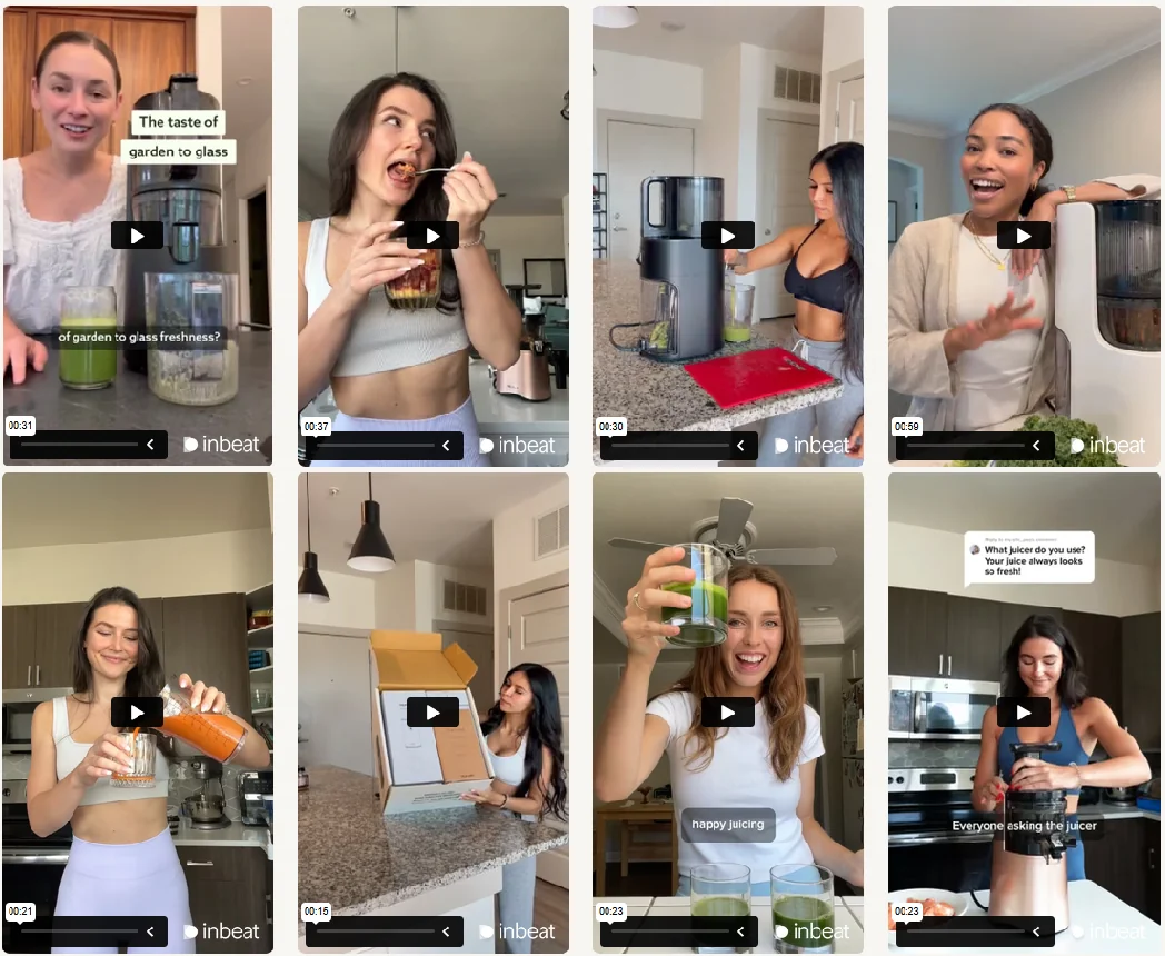Grid of eight vertical Hurom UGC video ads by inBeat, each showing a creator making or drinking juice with a Hurom juicer at home.