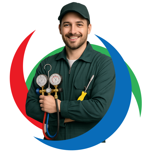 Smiling technician in green uniform holding HVAC pressure gauges