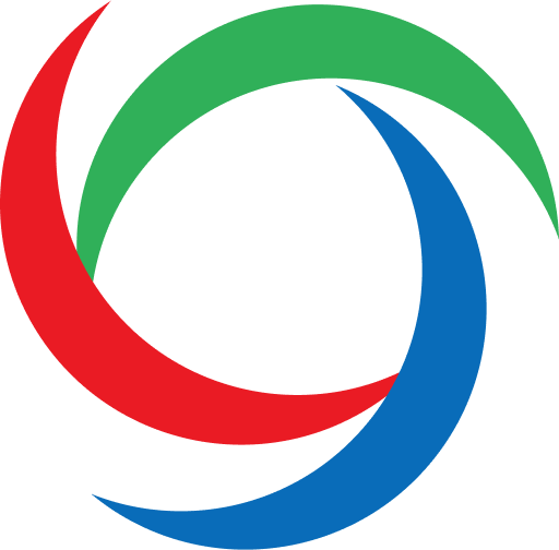 Curved red, green, and blue logo with overlapping circular design