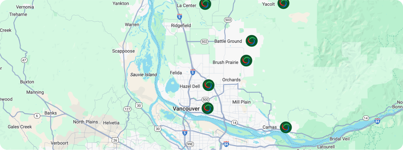 Map of Vancouver area showing green location markers across Clark County