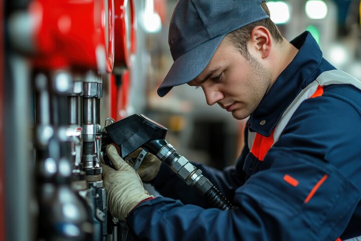Technician in blue uniform checking industrial machinery with focused concentration
