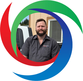 Bearded worker in gray shirt standing in front of colorful swirl logo