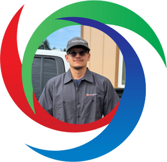 Service technician in gray uniform and cap standing near vehicle