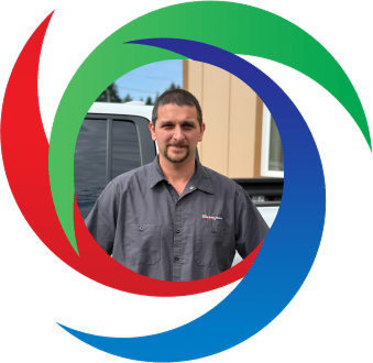 Technician in gray shirt stands in front of colorful swirling logo