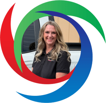 Smiling professional in black shirt with curly hair in colorful swirl frame