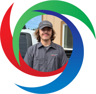 Service technician in gray uniform and cap standing near work vehicle