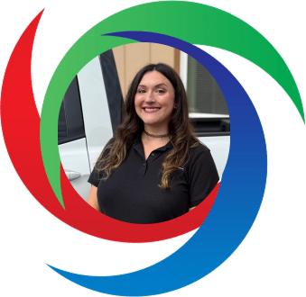 Smiling person in black shirt surrounded by colorful curved design