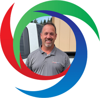 Smiling man in gray polo shirt inside colorful circular logo design