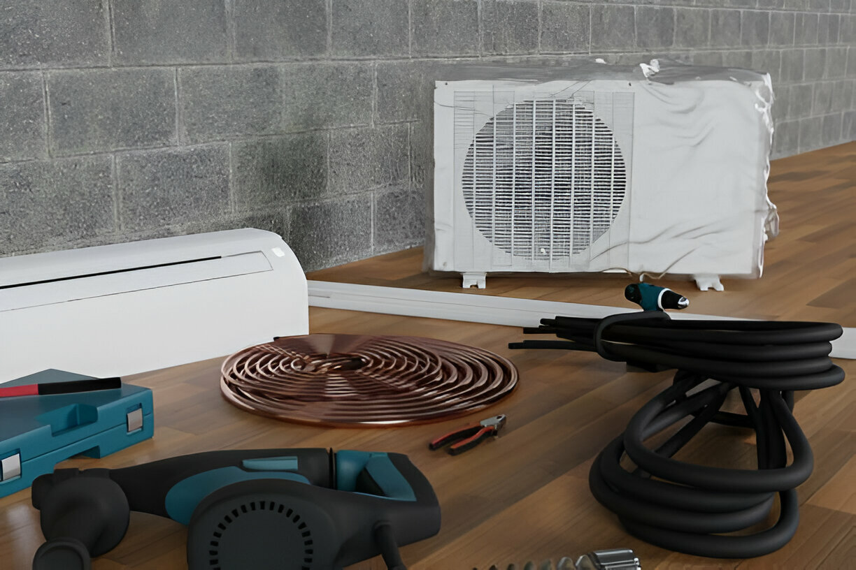 HVAC equipment and tools on wooden surface against concrete block wall