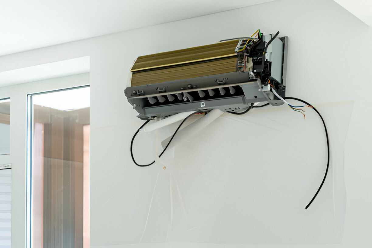 Air conditioning unit mounted on white wall with exposed wiring