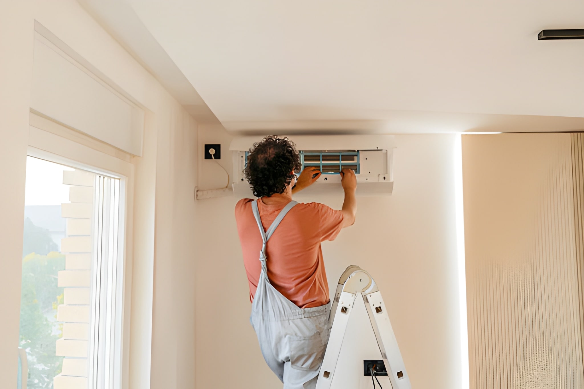 Person on ladder fixing air conditioning unit in bright room