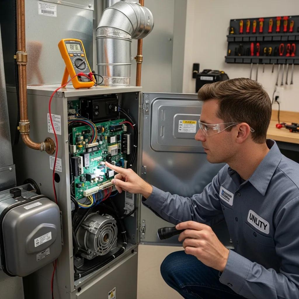 Technician checking a furnace control panel — preventative maintenance prevents short cycling
