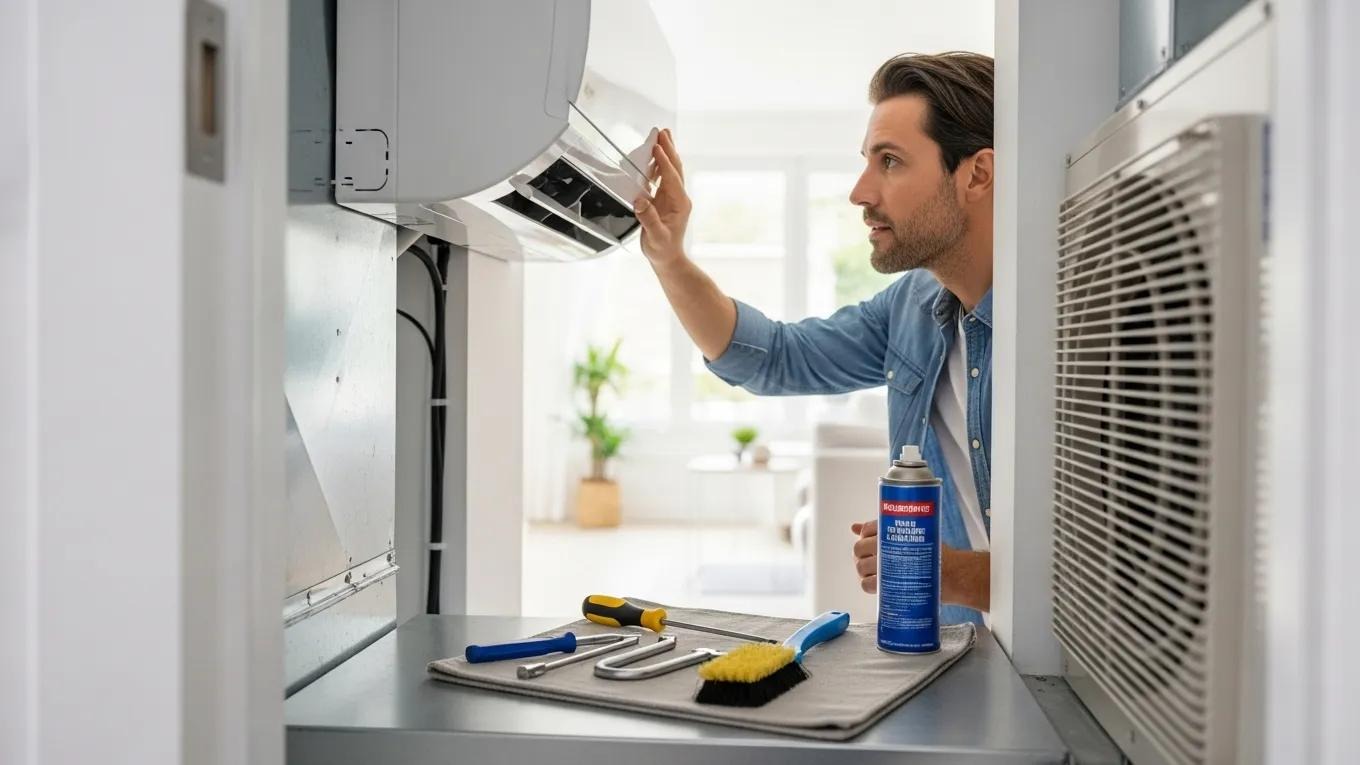 Homeowner inspecting HVAC system for spring maintenance