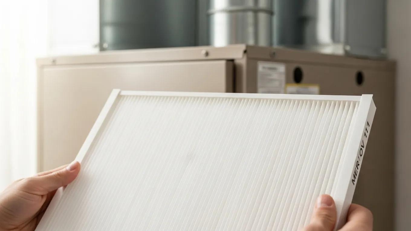 Homeowner holding clean HVAC filter for inspection