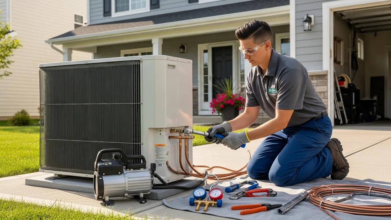 HVAC technician installing an air conditioning unit, highlighting the importance of professional installation