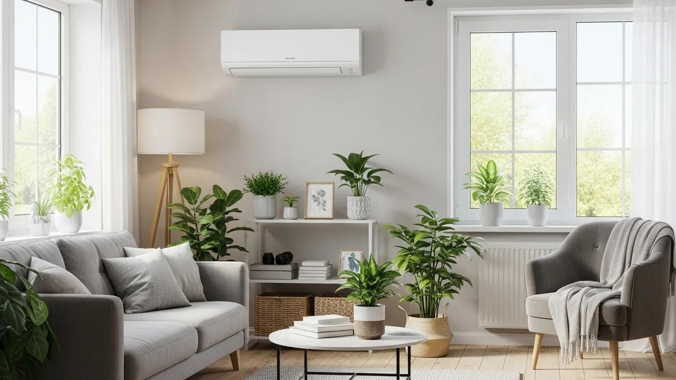 Modern air conditioning unit in a cozy living room, emphasizing comfort and energy efficiency