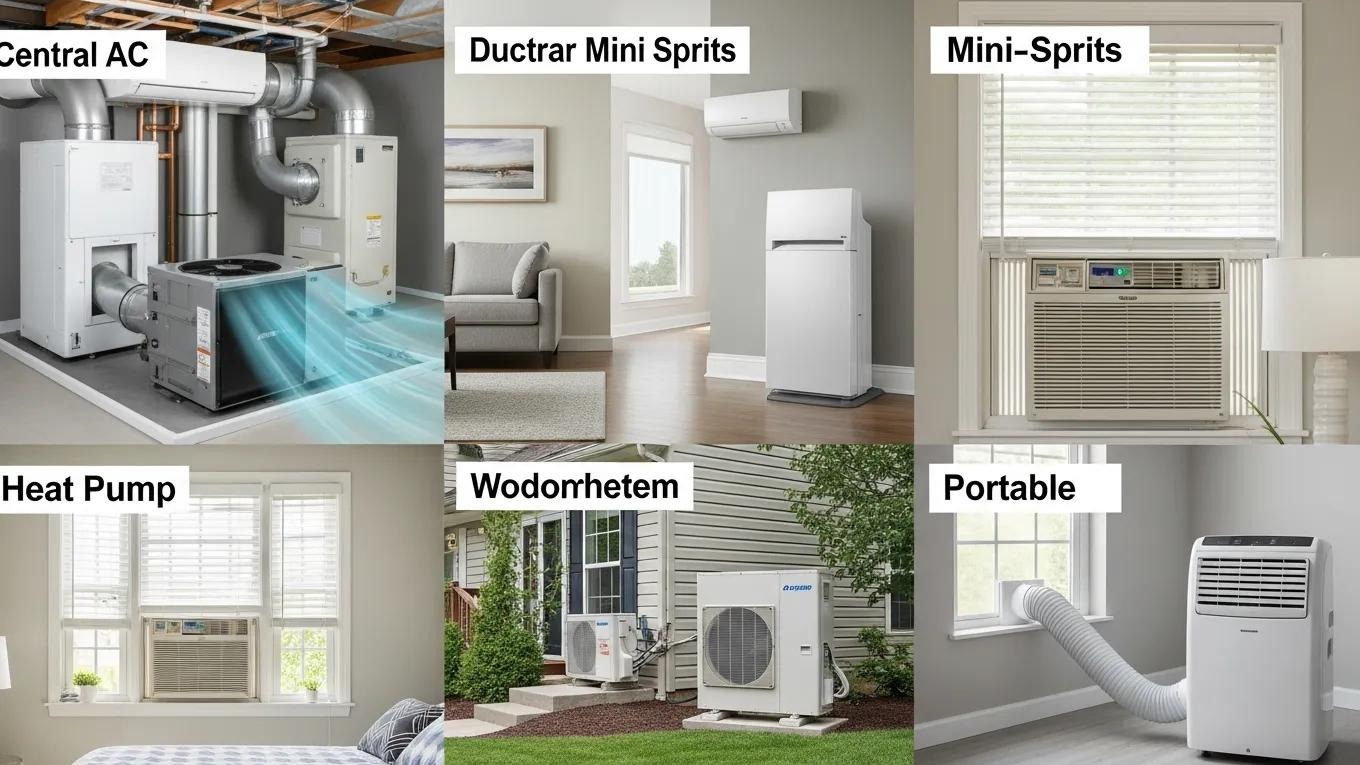 Collage of various air conditioning systems including central AC, ductless mini-split, window unit, heat pump, and portable AC
