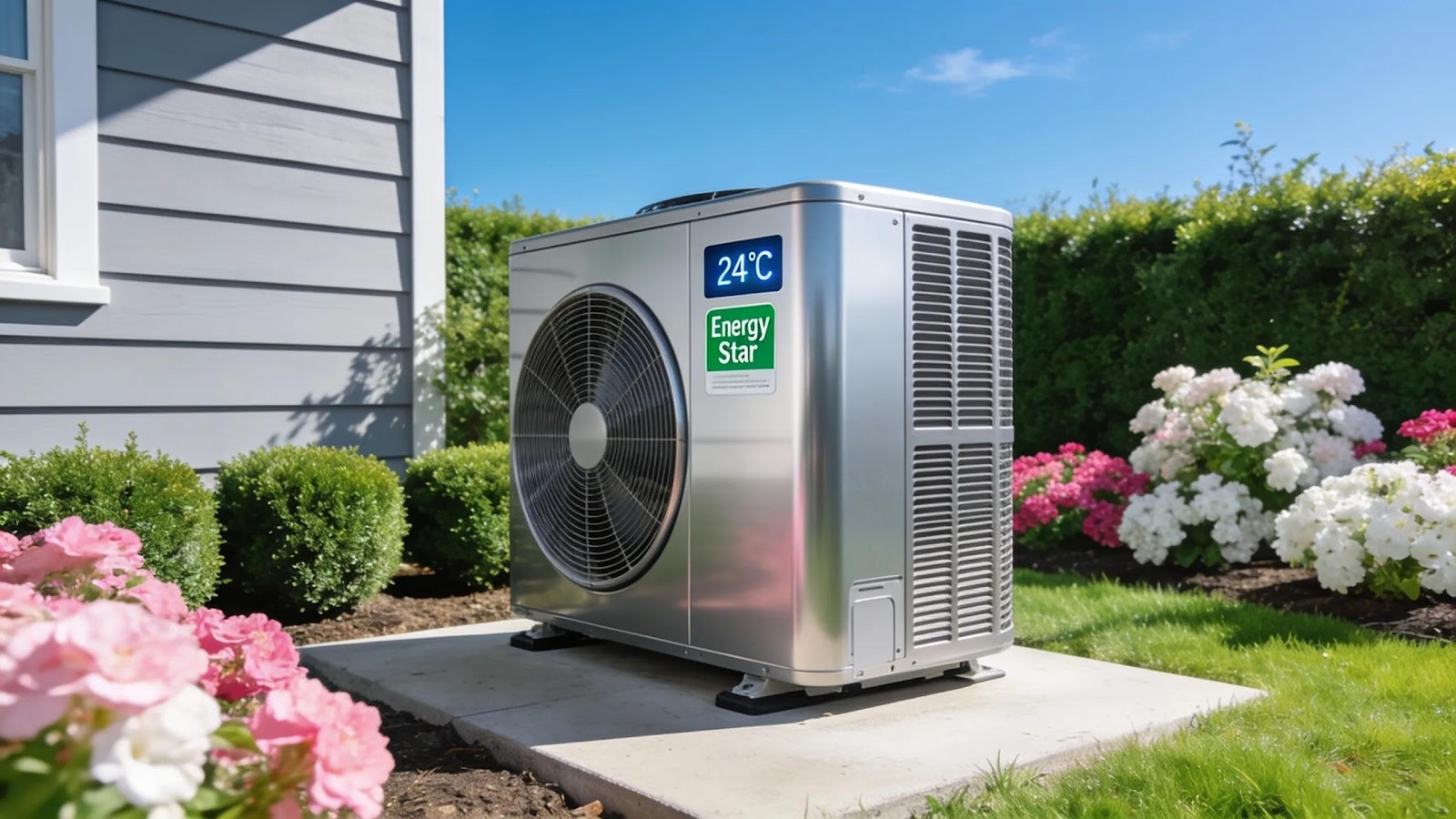 High-efficiency air conditioning unit in a garden emphasizing energy savings benefits