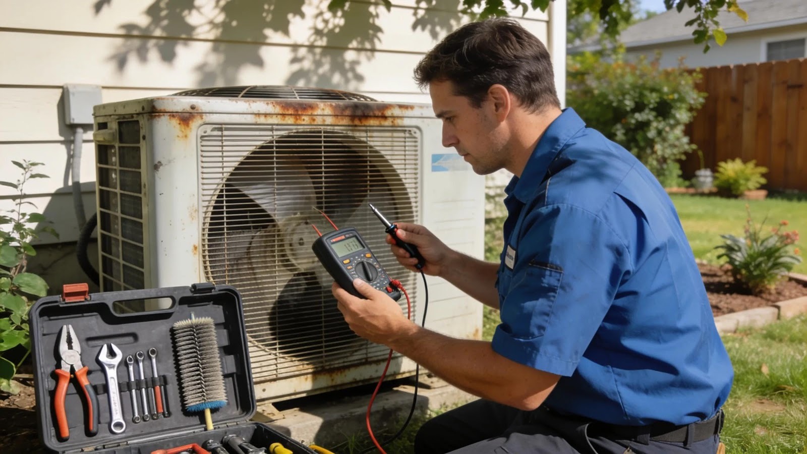 Technician inspecting an old AC unit showcasing maintenance practices