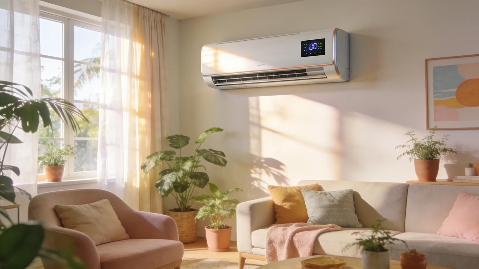 Modern air conditioning unit in a cozy living room enhancing comfort