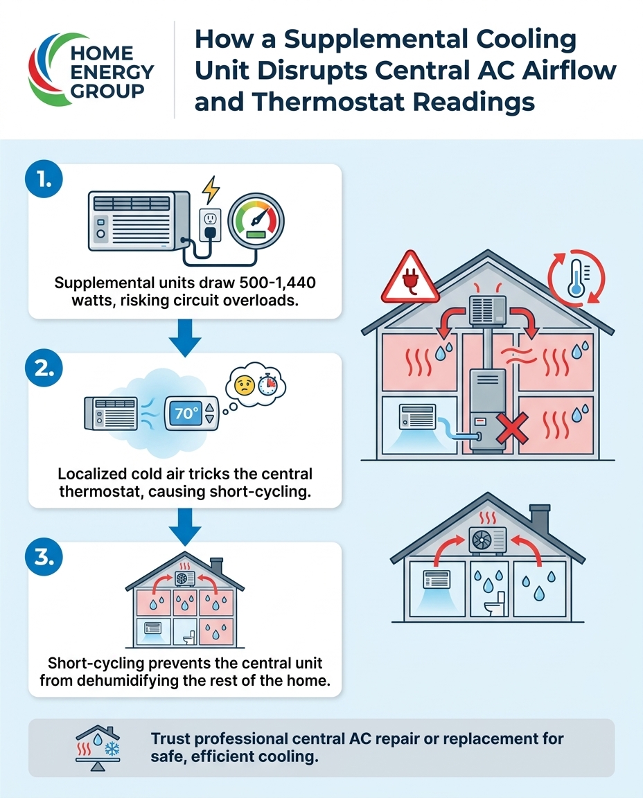 How a Supplemental Cooling Unit Disrupts Central AC Airflow and Thermostat Readings