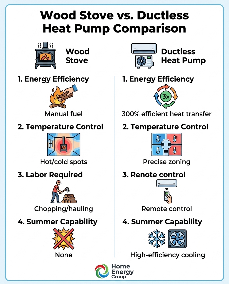 Wood Stove vs. Ductless Heat Pump Comparison