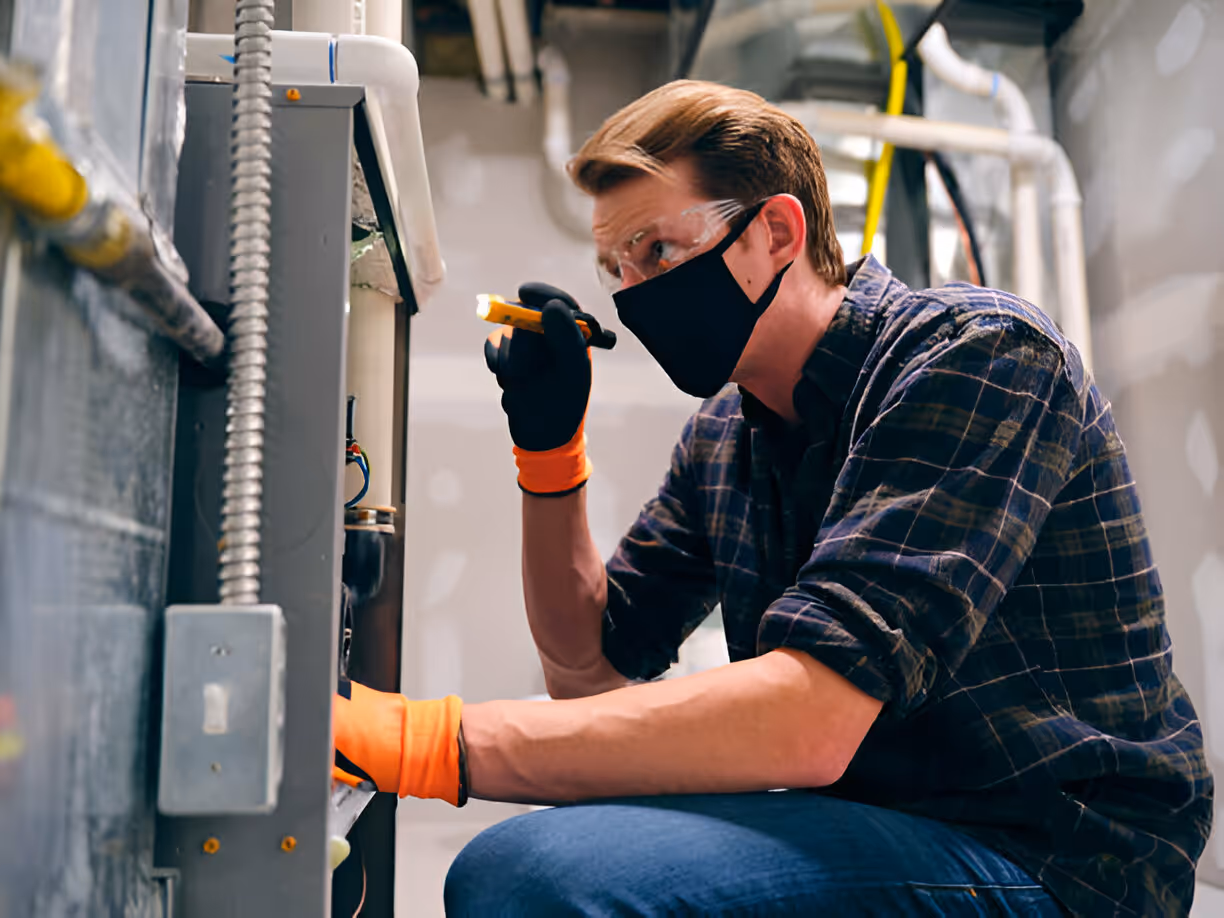 Technician in mask and gloves working on industrial equipment