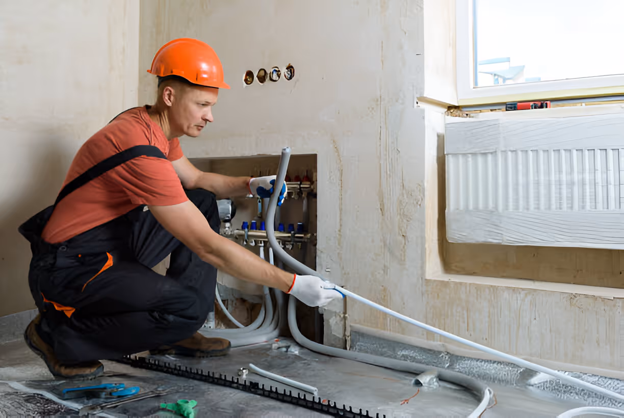 Worker in orange helmet installing pipes near radiator in home renovation