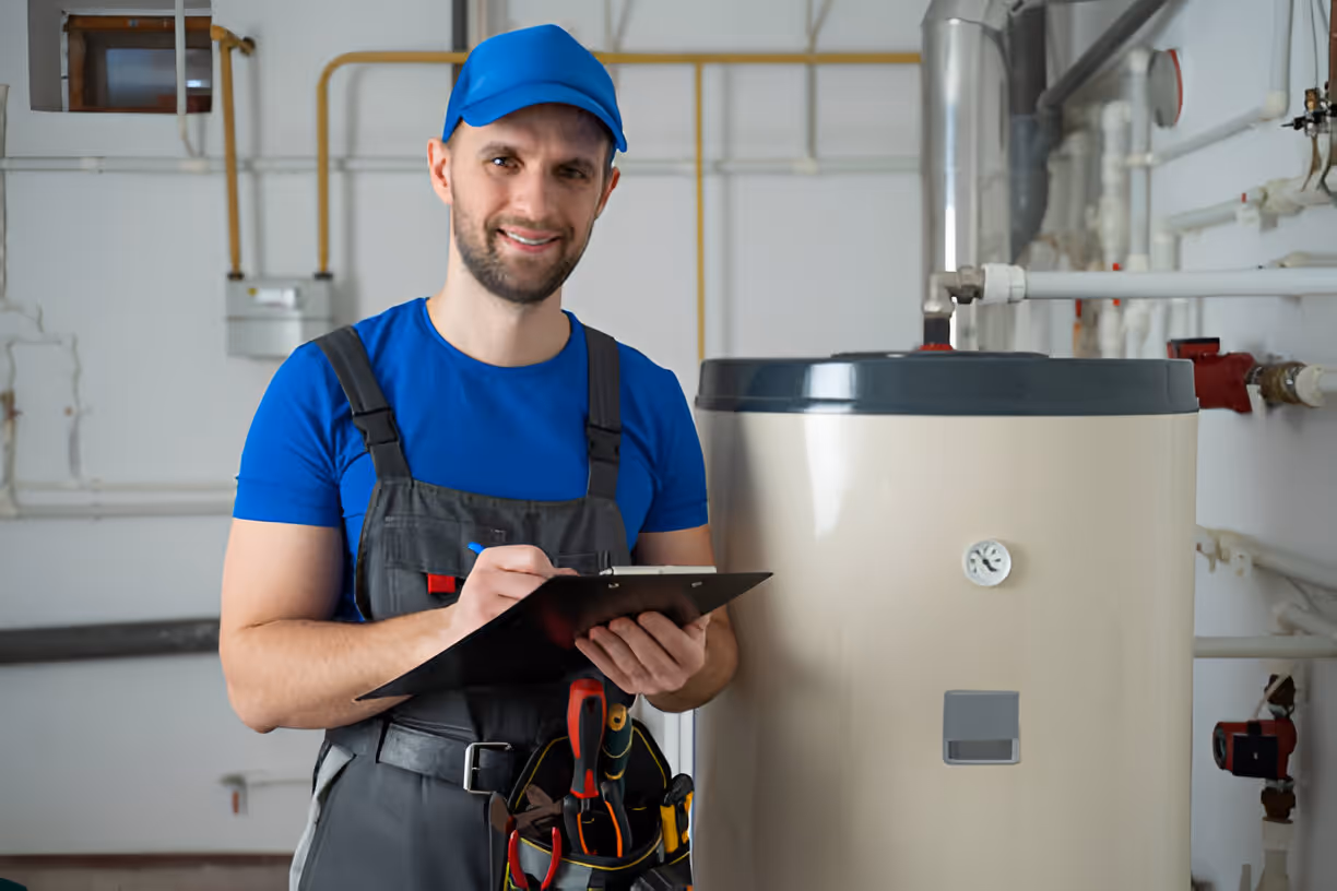 Smiling technician checking water heater with clipboard in mechanical room