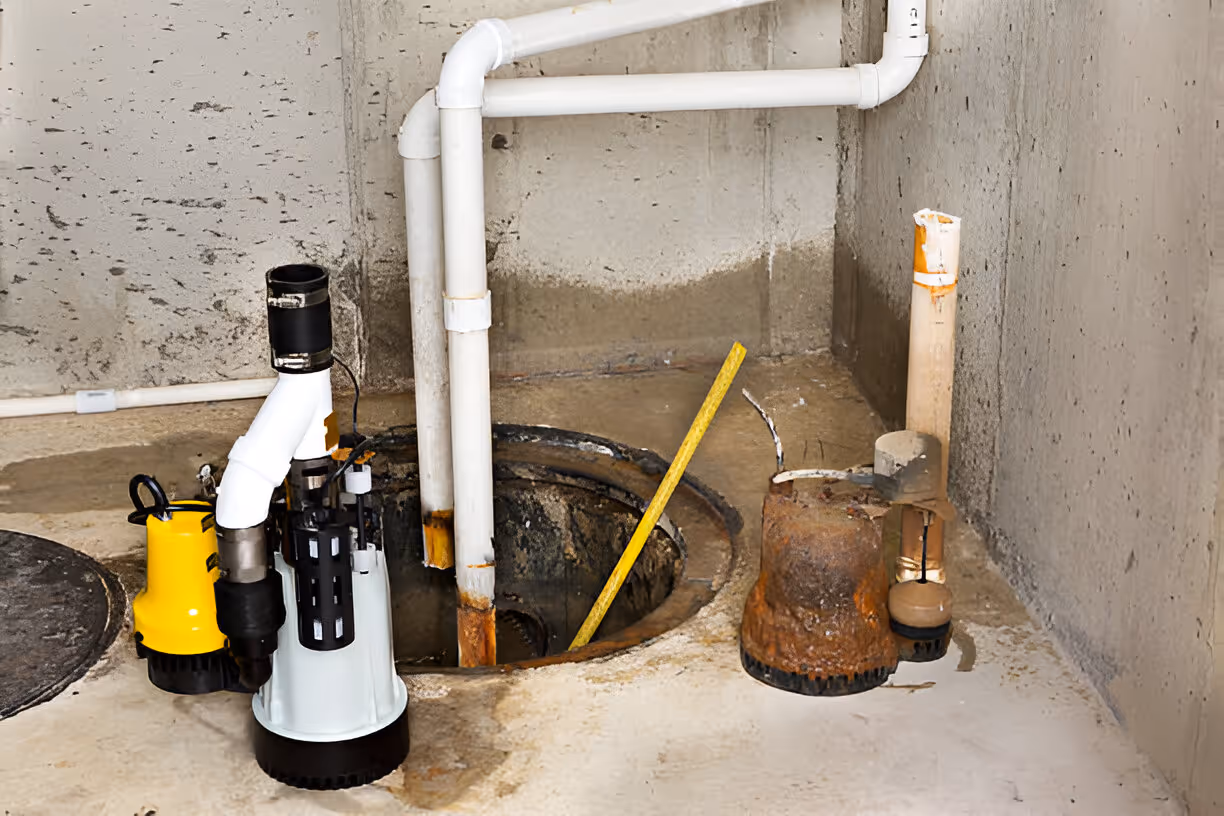 Sump pump and pipes in a damp basement with yellow and white equipment
