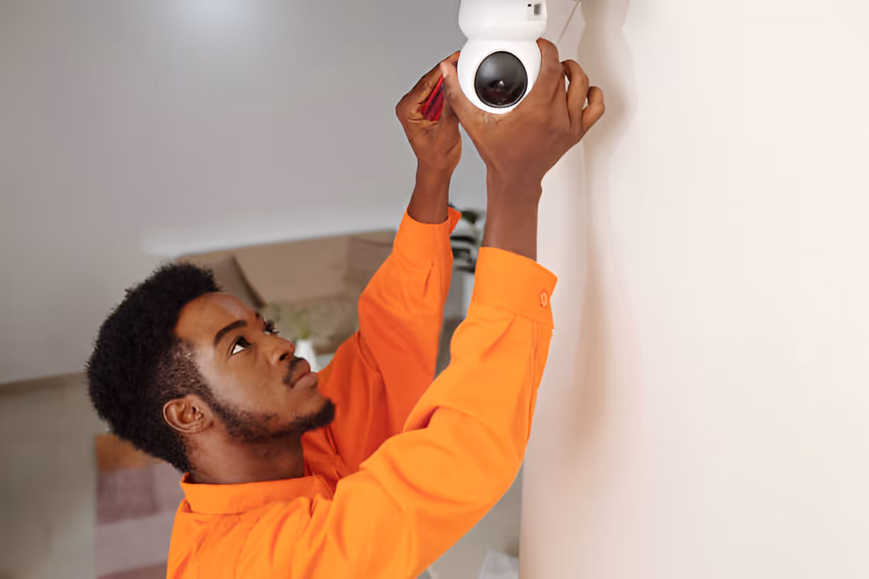 Person in orange shirt installing security camera on white wall