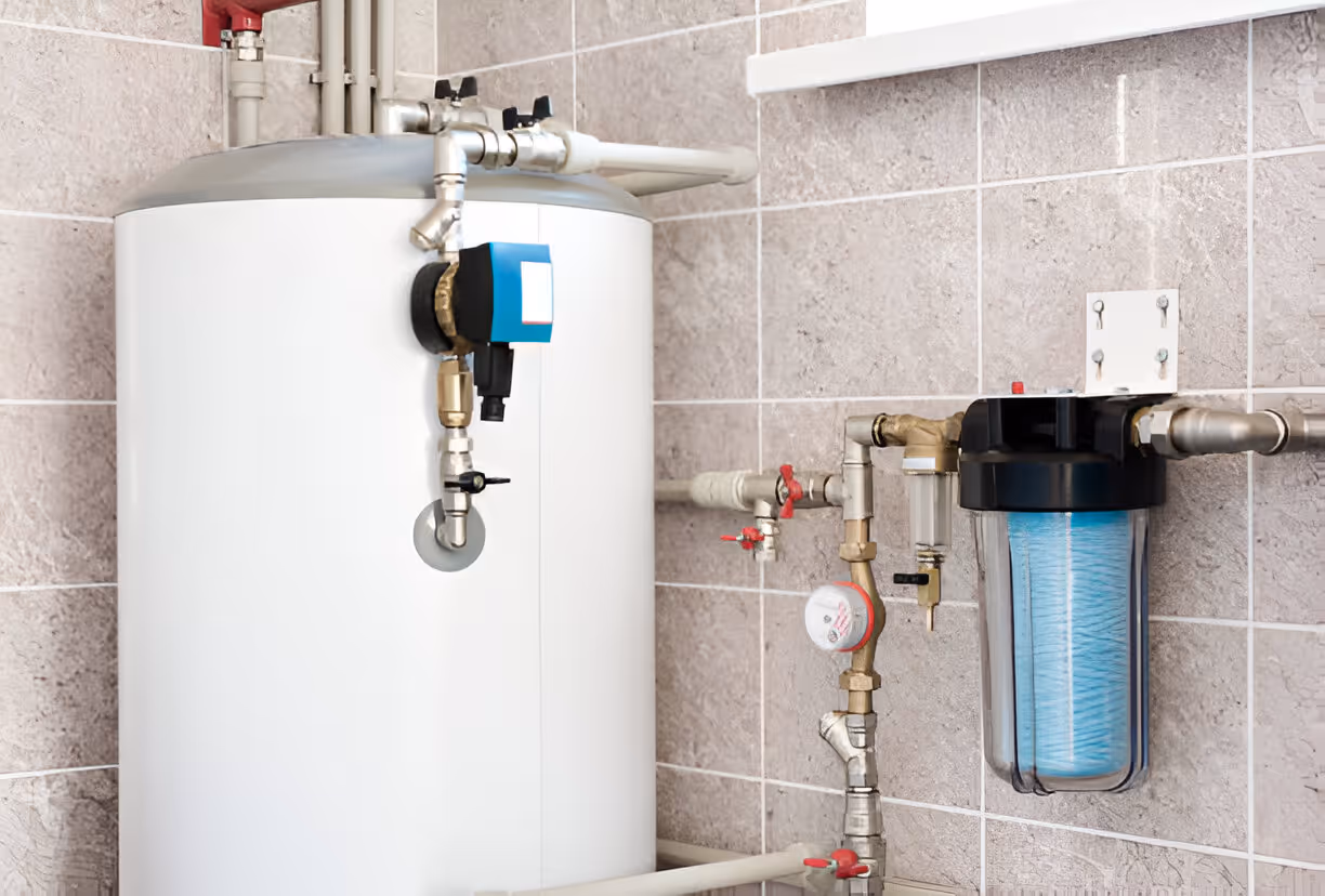 Water heater and blue filter installed on tiled bathroom wall