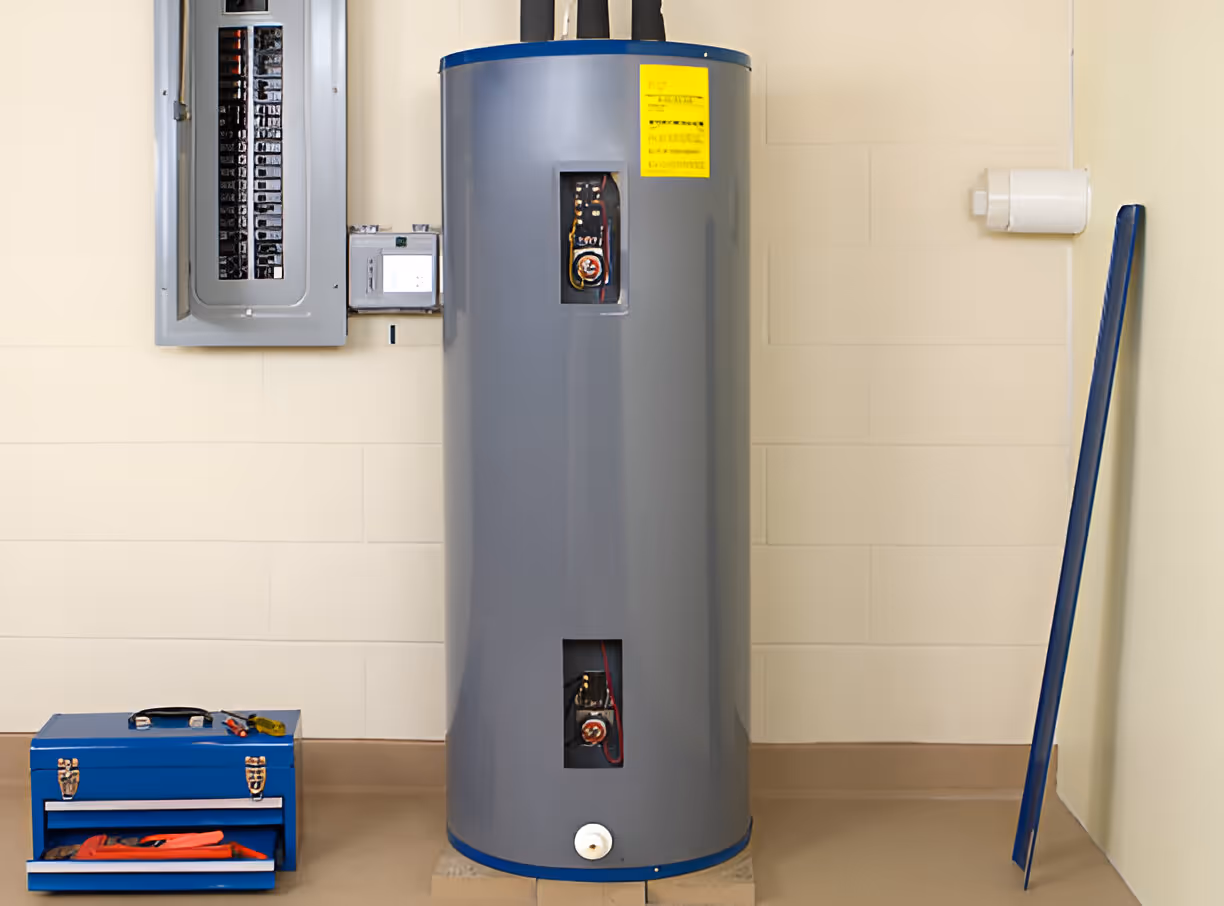Large gray water heater with electrical panel and blue toolbox