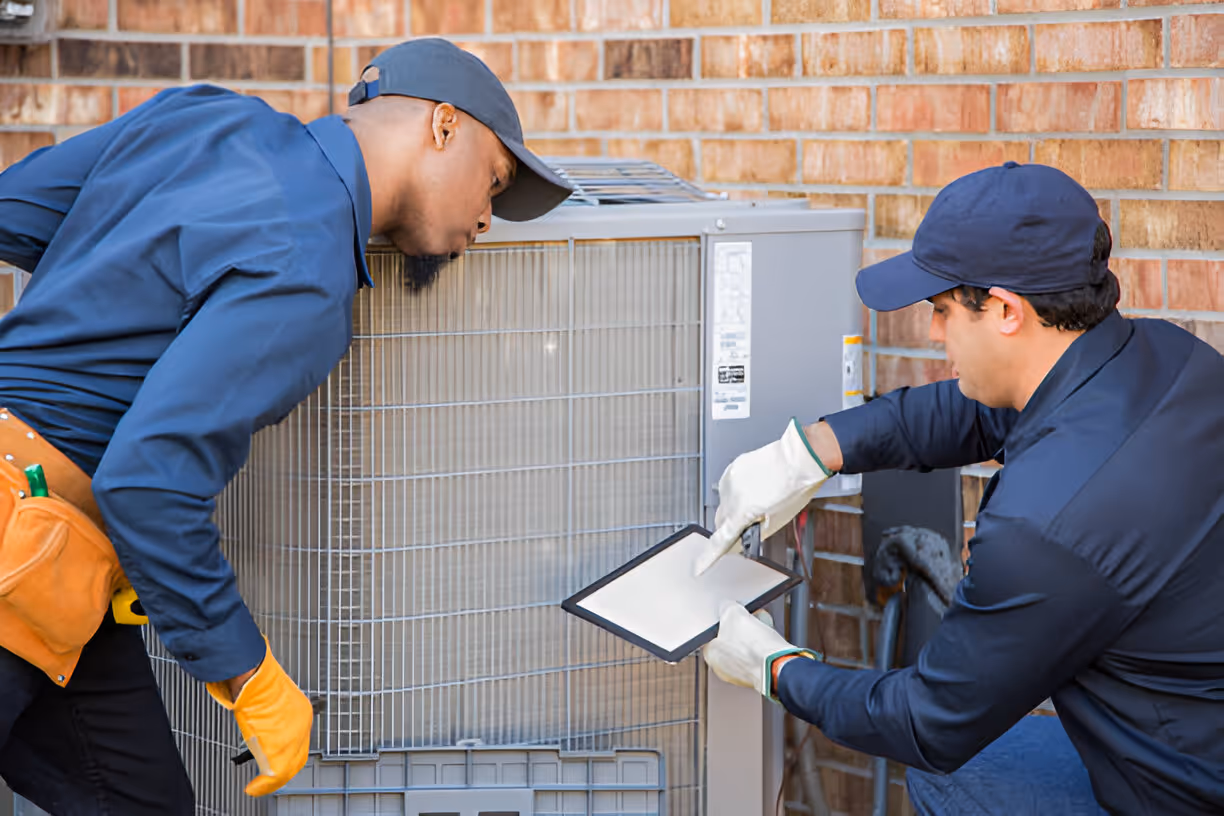Two technicians inspect and repair an air conditioning unit together