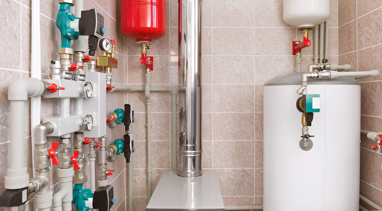 Boiler room with pipes, valves, water heater, and heating system components