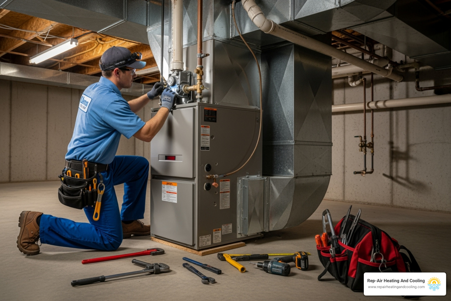 Rep-Air Heating And Cooling technician working on new furnace installation - furnace installation surrey, bc