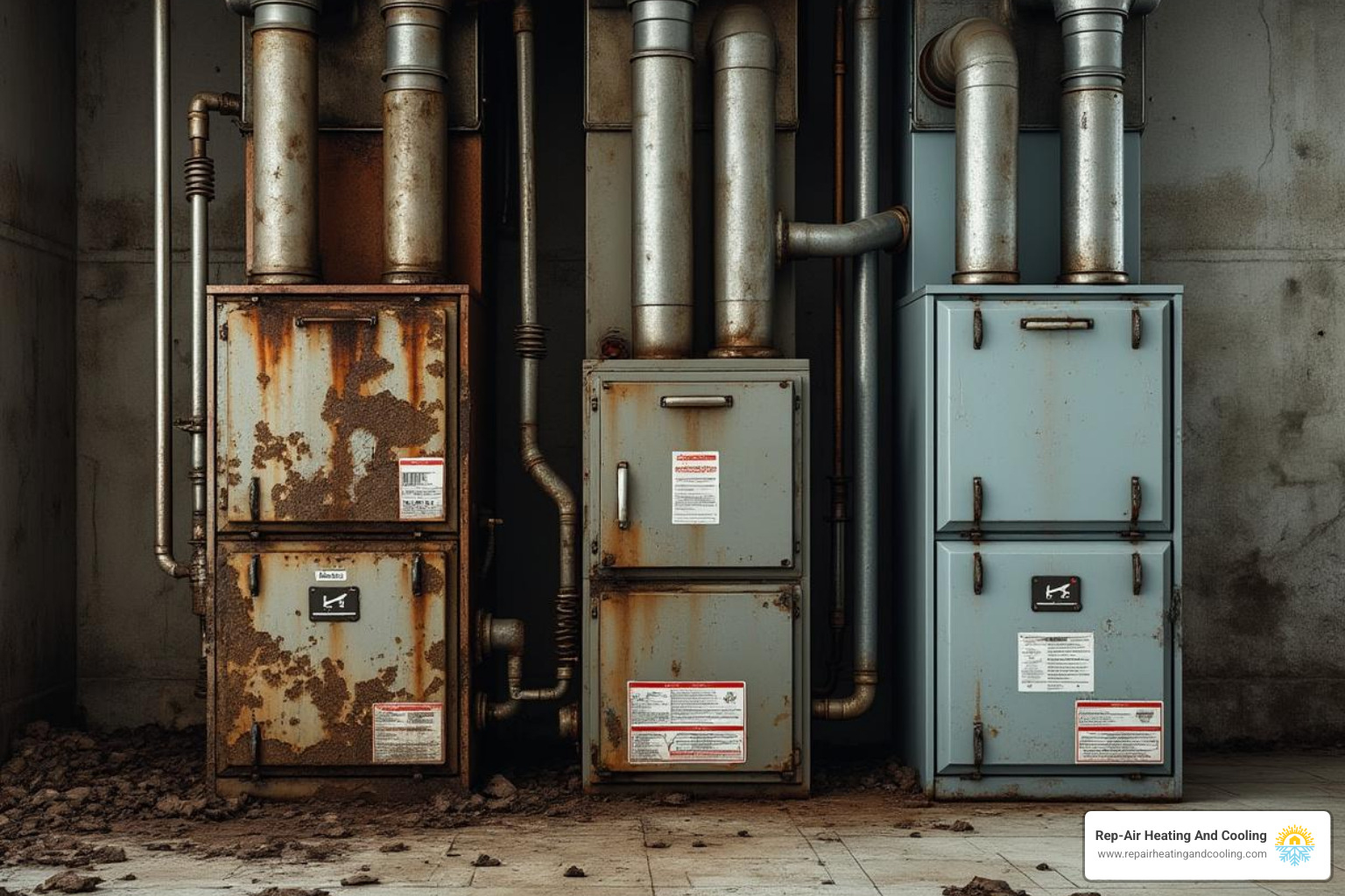 Old rusted furnace next to new clean unit - furnace installation surrey, bc