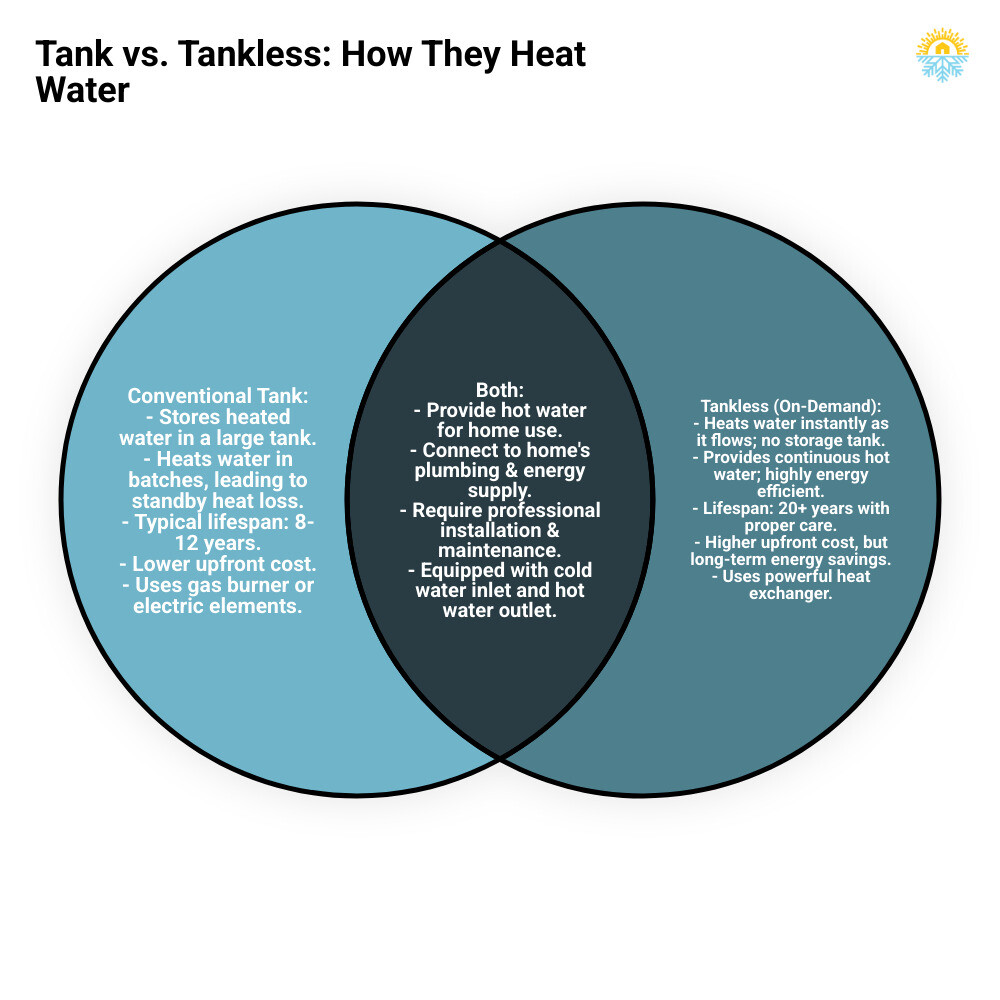 Infographic showing how tank and tankless water heaters work, including cold water inlet, heating mechanism (gas burner or electric elements for tank, heat exchanger for tankless), hot water outlet, and key differences in operation and efficiency - water heater repair mission infographic venn_diagram