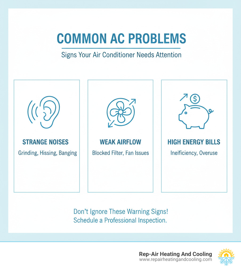 infographic showing common AC problems like strange noises, weak airflow, and high energy bills - ac installation aldergrove, bc infographic  infographic showing common AC problems like strange noises, weak airflow, and high energy bills - ac installation aldergrove, bc infographic