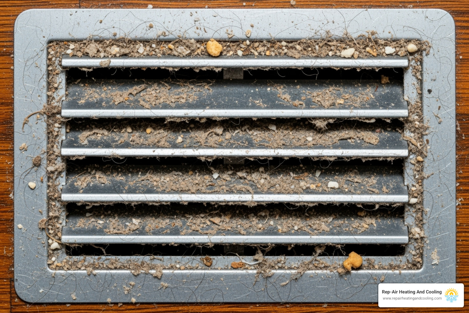 Image of excessive dust and debris visible on a floor vent cover - Duct cleaning Mission BC Image of excessive dust and debris visible on a floor vent cover - Duct cleaning Mission BC