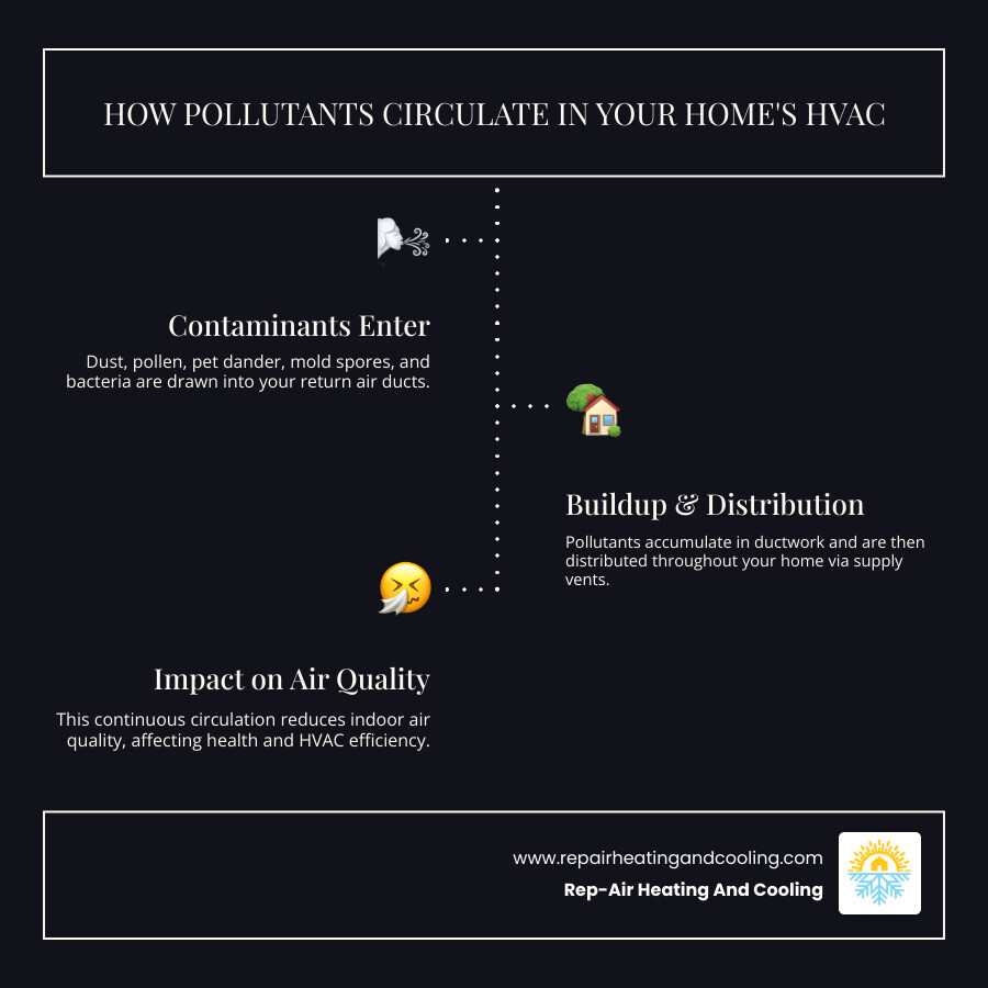 Infographic showing how dust, pollen, pet dander, mold spores, and bacteria circulate through a home's HVAC system via supply ducts, return air ducts, and air handler, with arrows indicating airflow patterns and contamination buildup in ductwork - Duct cleaning Mission BC infographic infographic-line-3-steps-dark Infographic showing how dust, pollen, pet dander, mold spores, and bacteria circulate through a home's HVAC system via supply ducts, return air ducts, and air handler, with arrows indicating airflow patterns and contamination buildup in ductwork - Duct cleaning Mission BC infographic infographic-line-3-steps-dark